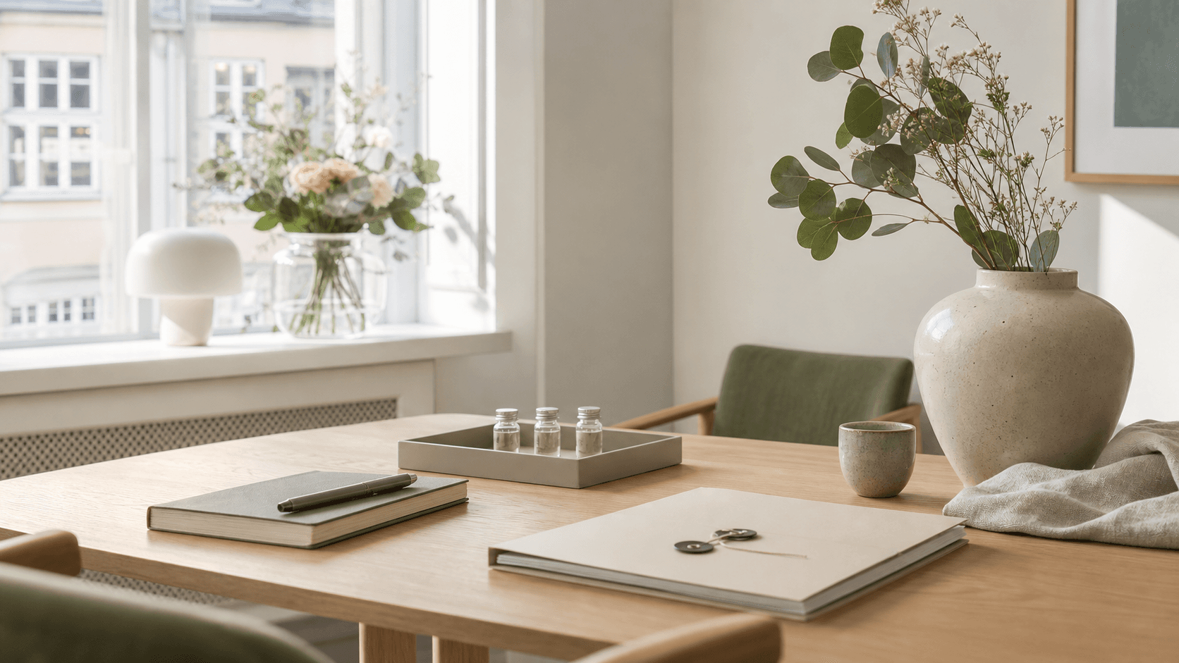 A calm consultation table with a folder, notebook, flowers, and discreet clinical vials