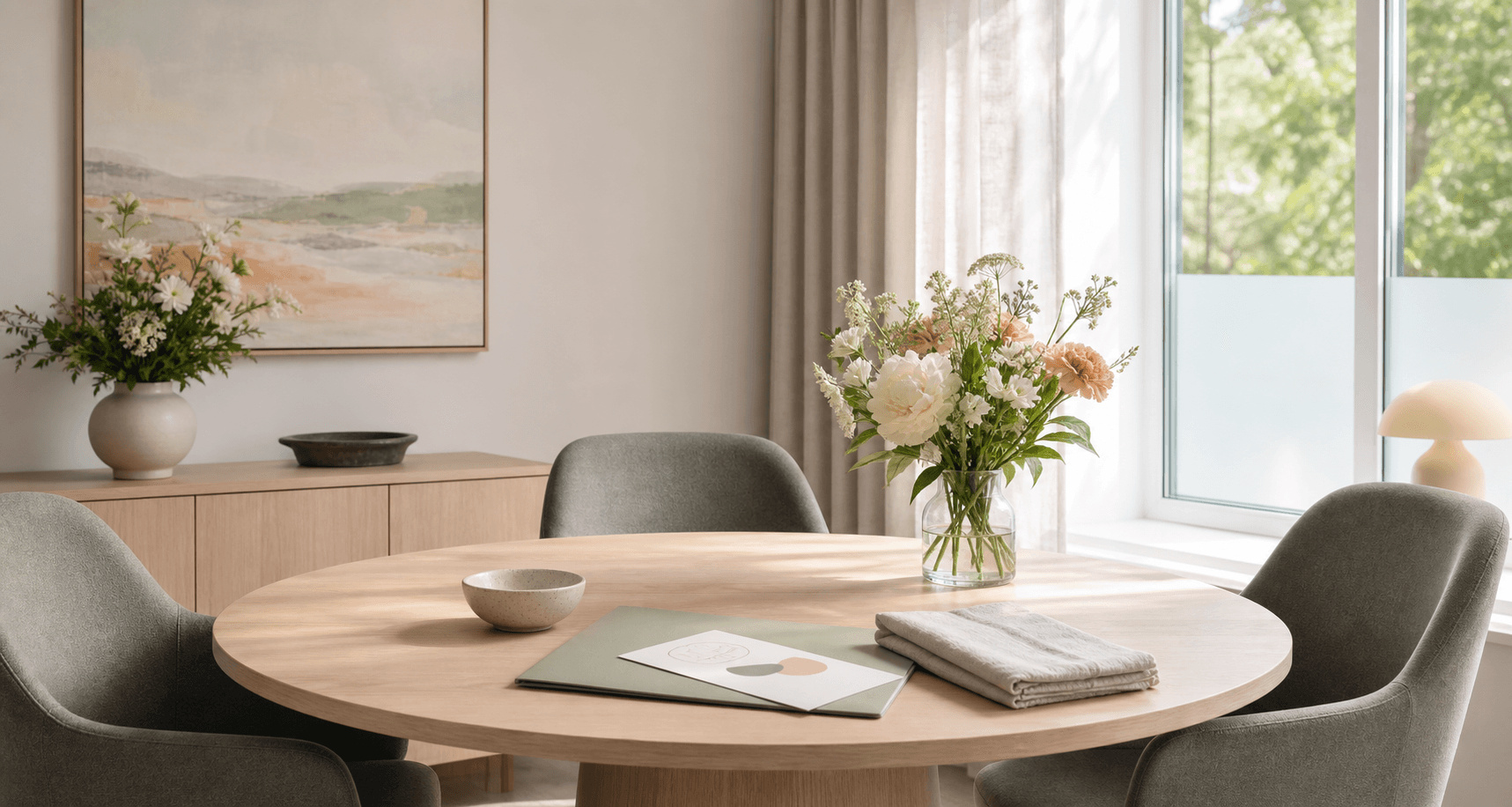 A round consultation table with flowers, chairs, and a folder in a bright clinic room