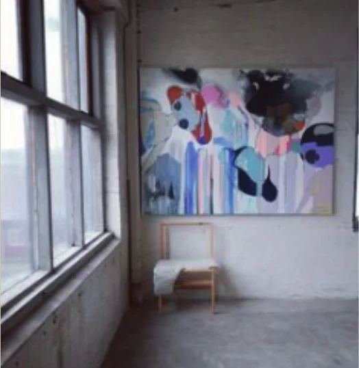A painting by Christel Witthøft Cortz on a studio wall beside a window