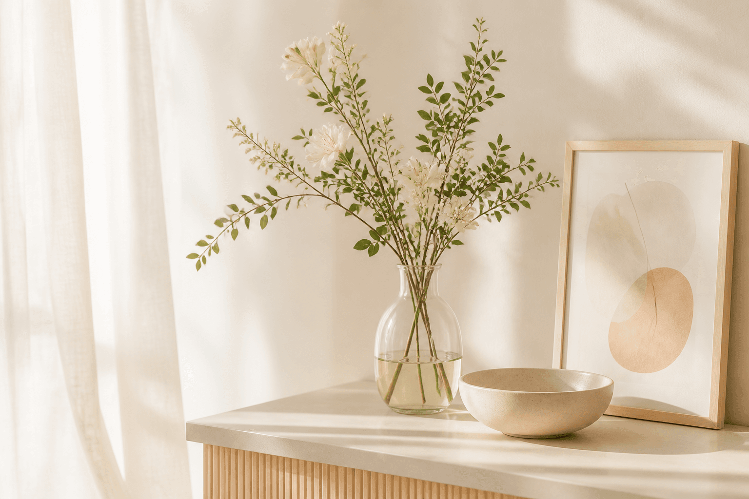 A warm still life with flowers in a glass vase, a ceramic bowl, and framed art