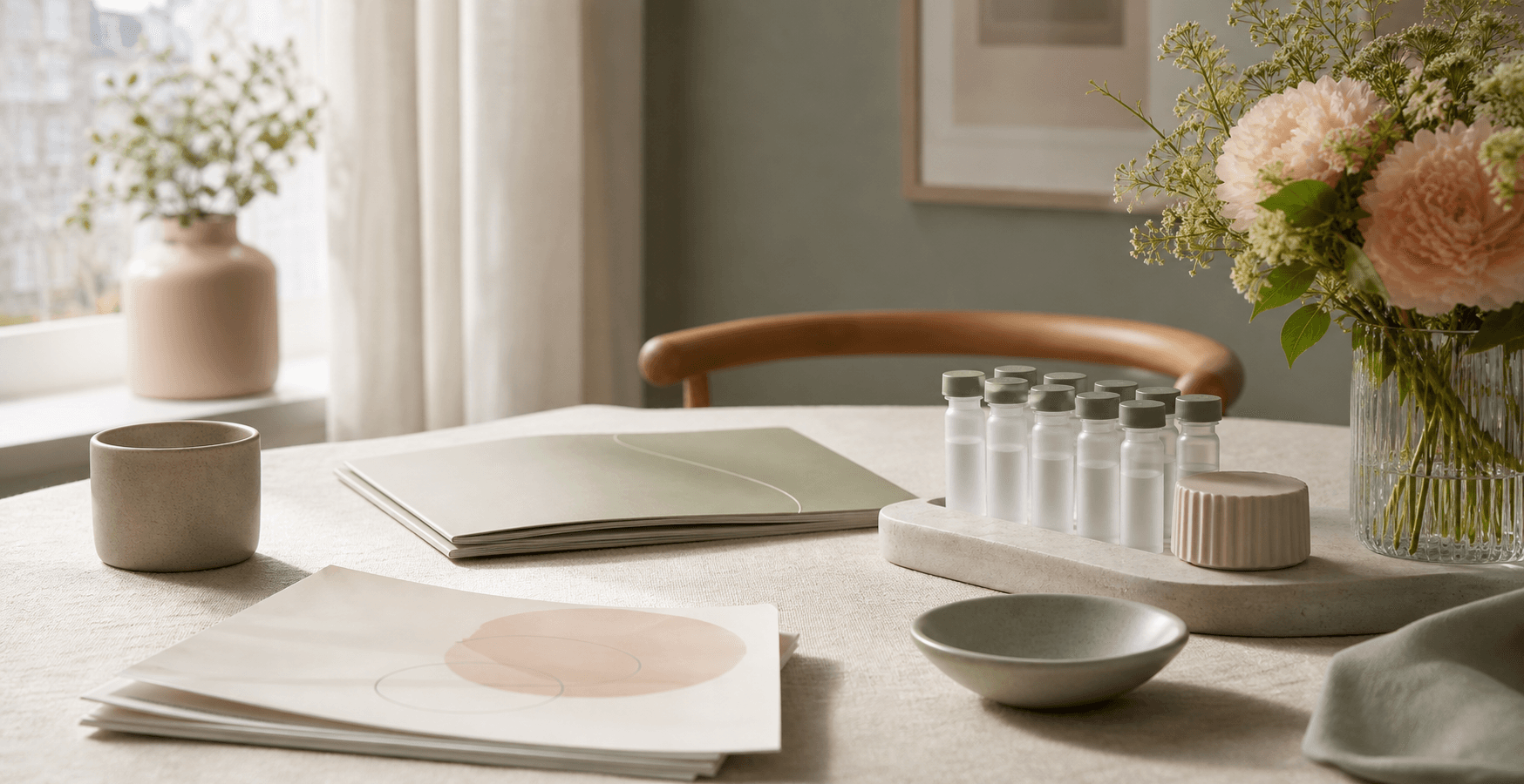 A calm consultation table with folders, flowers, ceramic objects, and discreet clinical vials