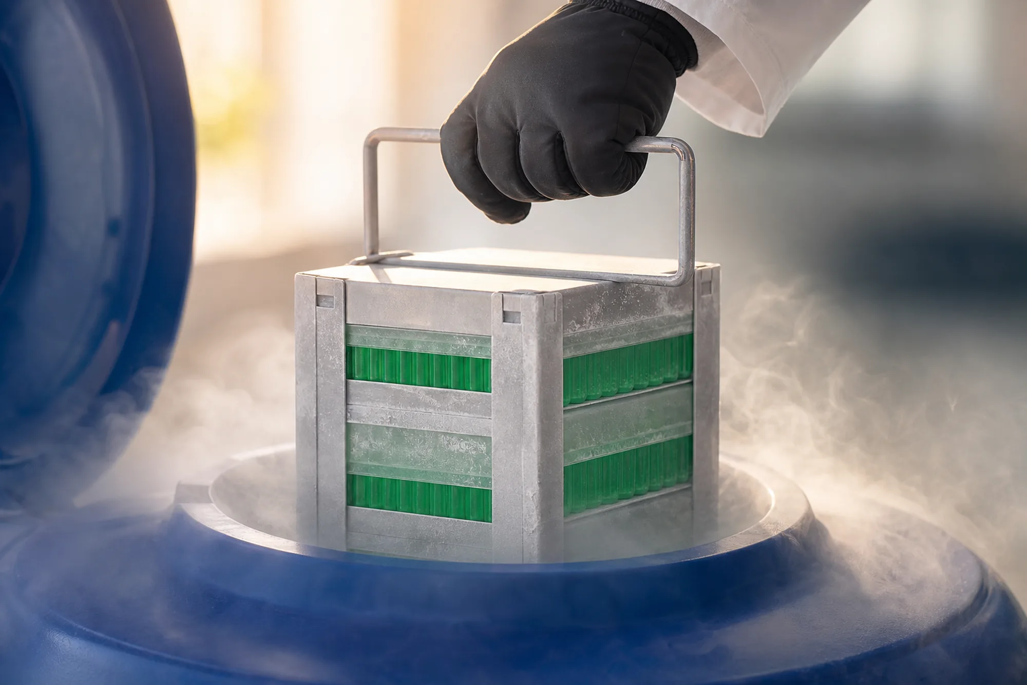 A rack of donor sperm straws lifted from a liquid-nitrogen storage tank in cold fog