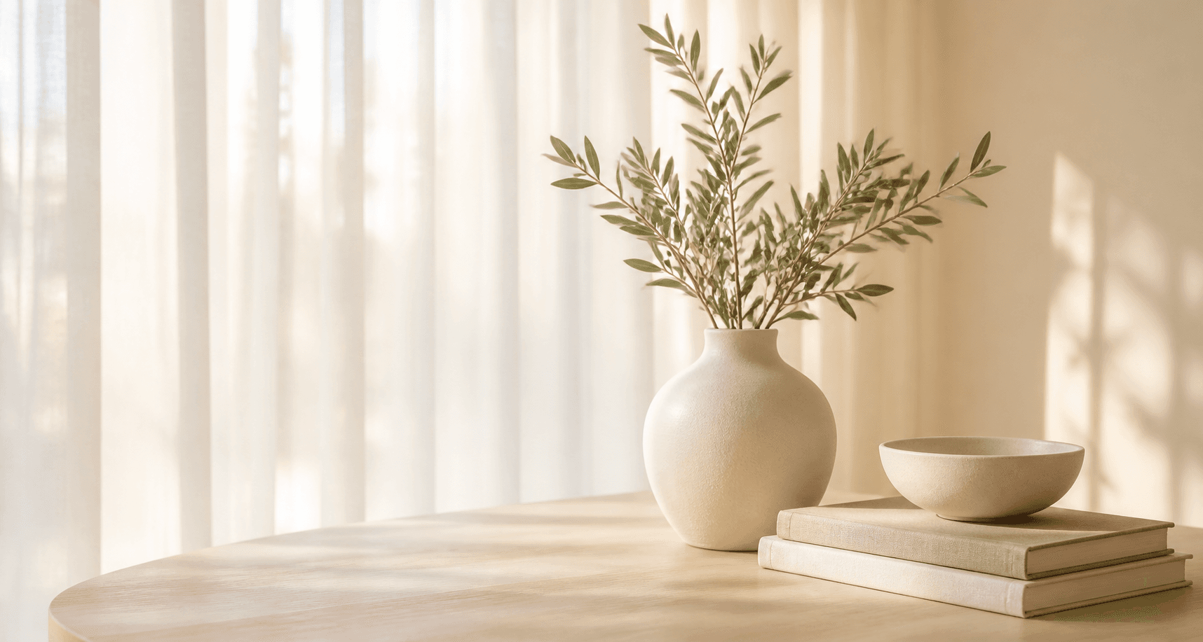 A calm still life with a ceramic vase, books, bowl, and soft natural light