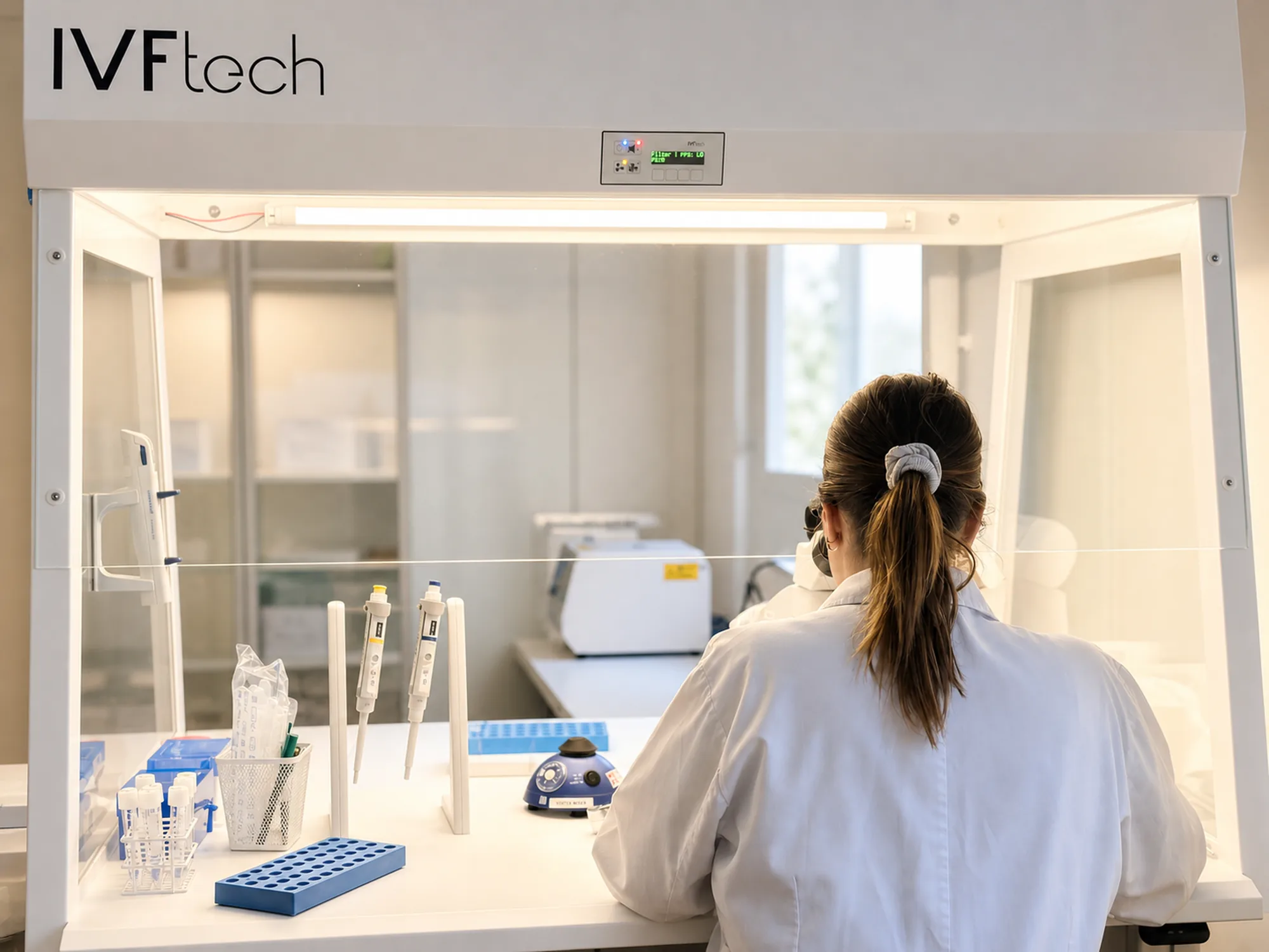 A laboratory technician working at the laminar flow hood
