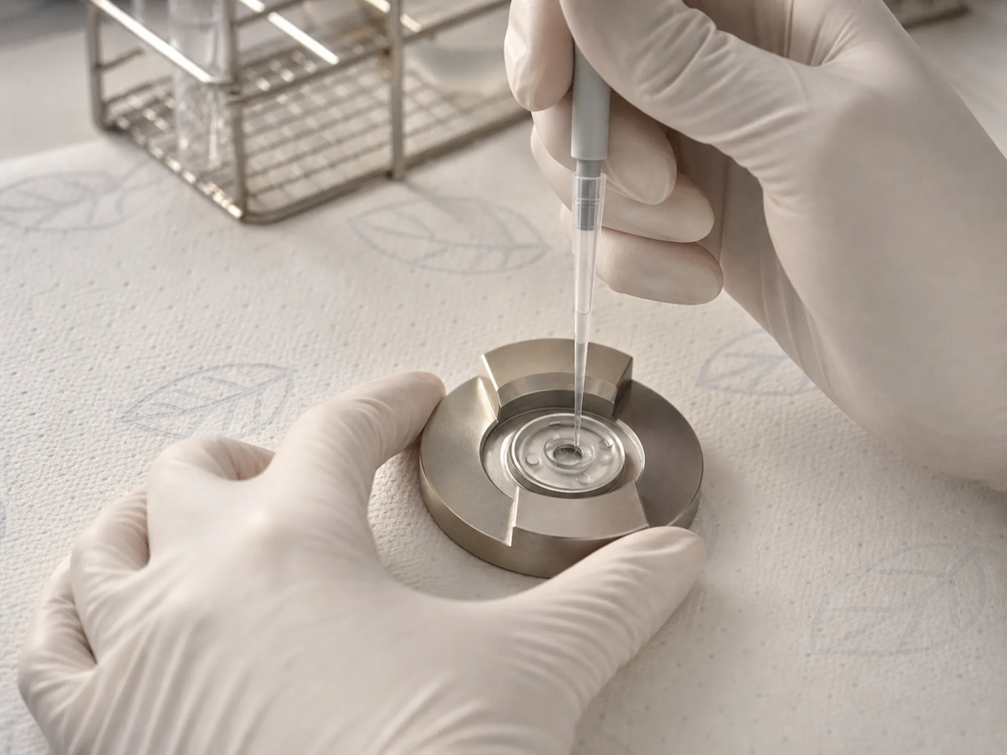 Gloved hands pipetting a sample onto a counting chamber for quality analysis