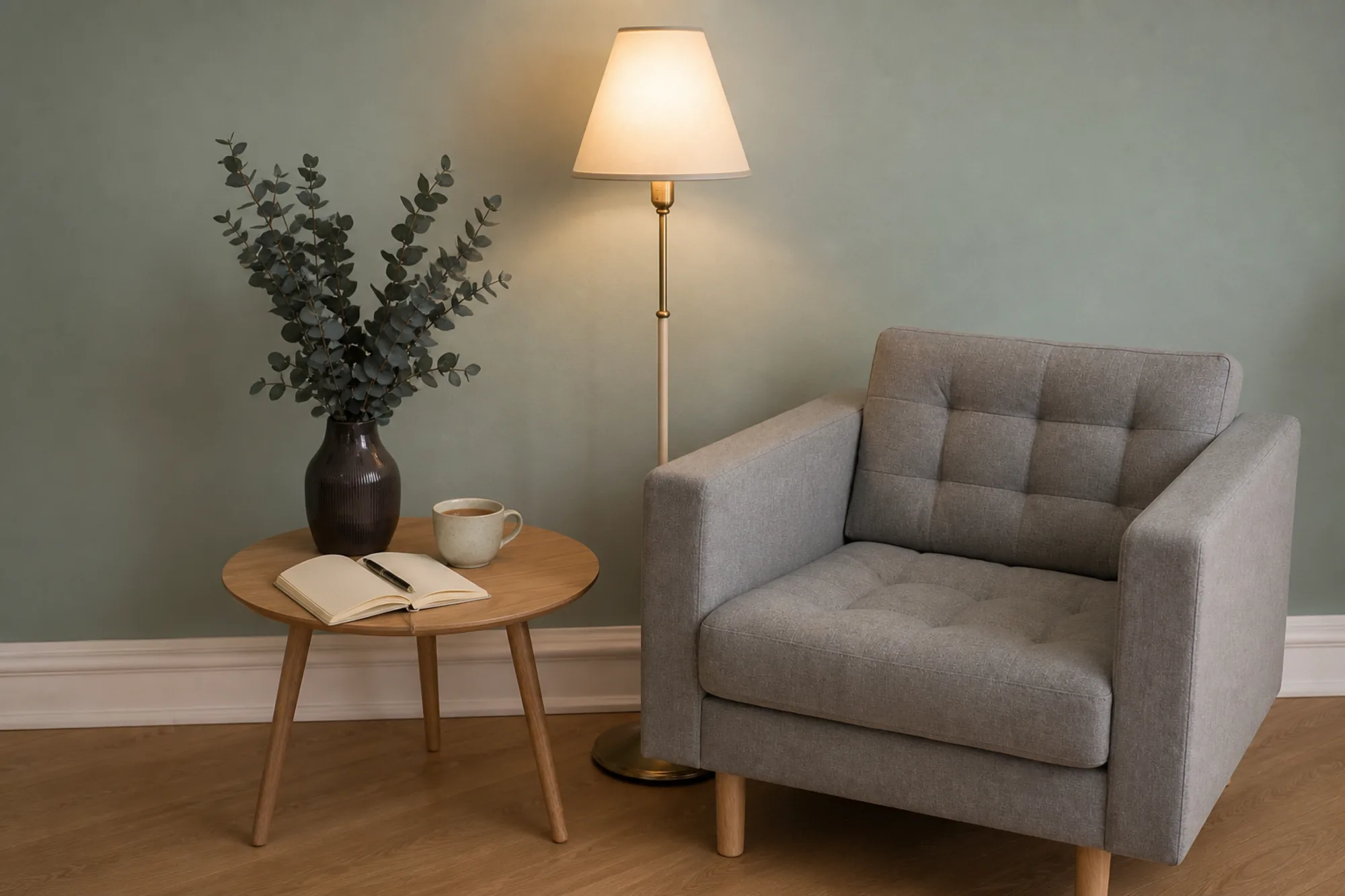 An armchair beside a small table with an open notebook, a cup of tea, eucalyptus, and a glowing floor lamp