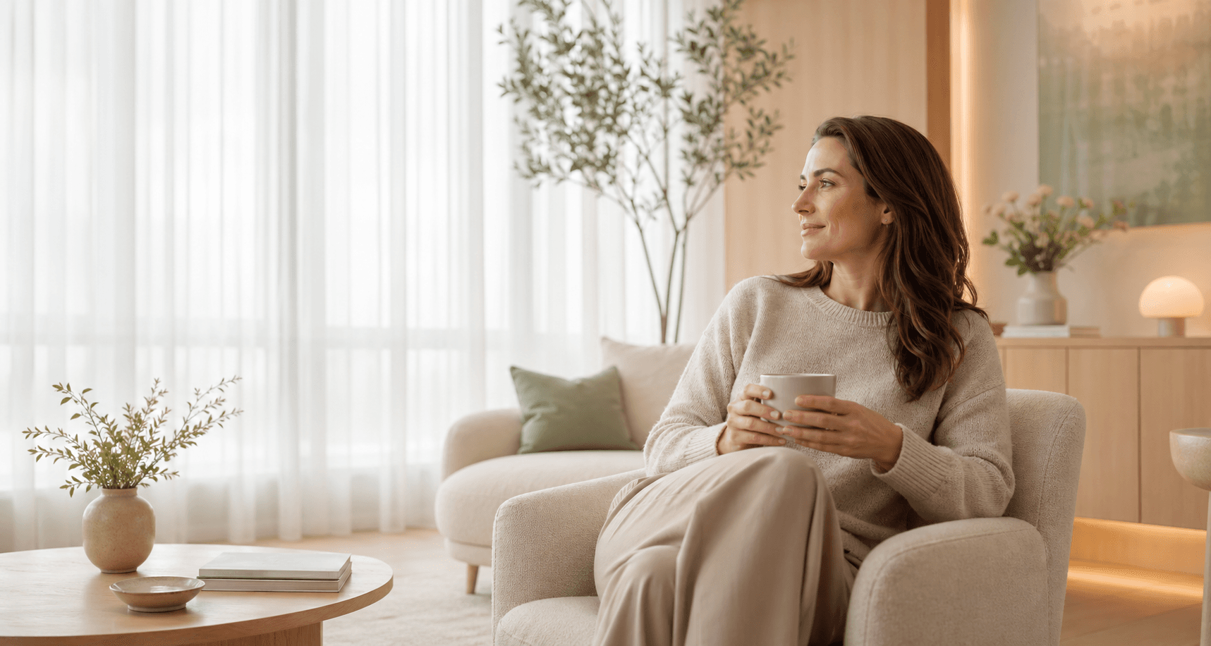 A calm Scandinavian consultation lounge with a woman seated by the window