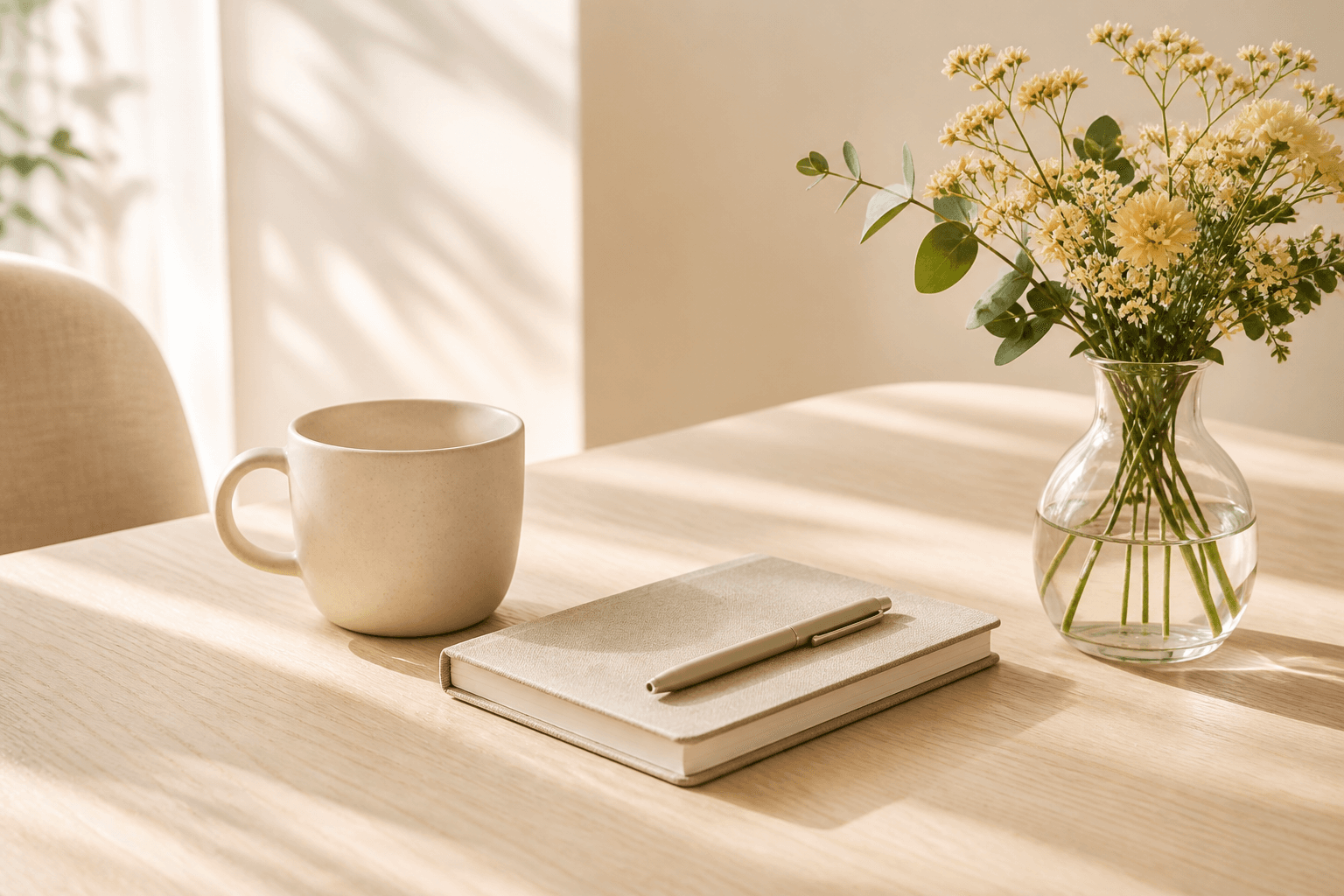A calm tabletop still life with a mug, notebook, pen, and flowers