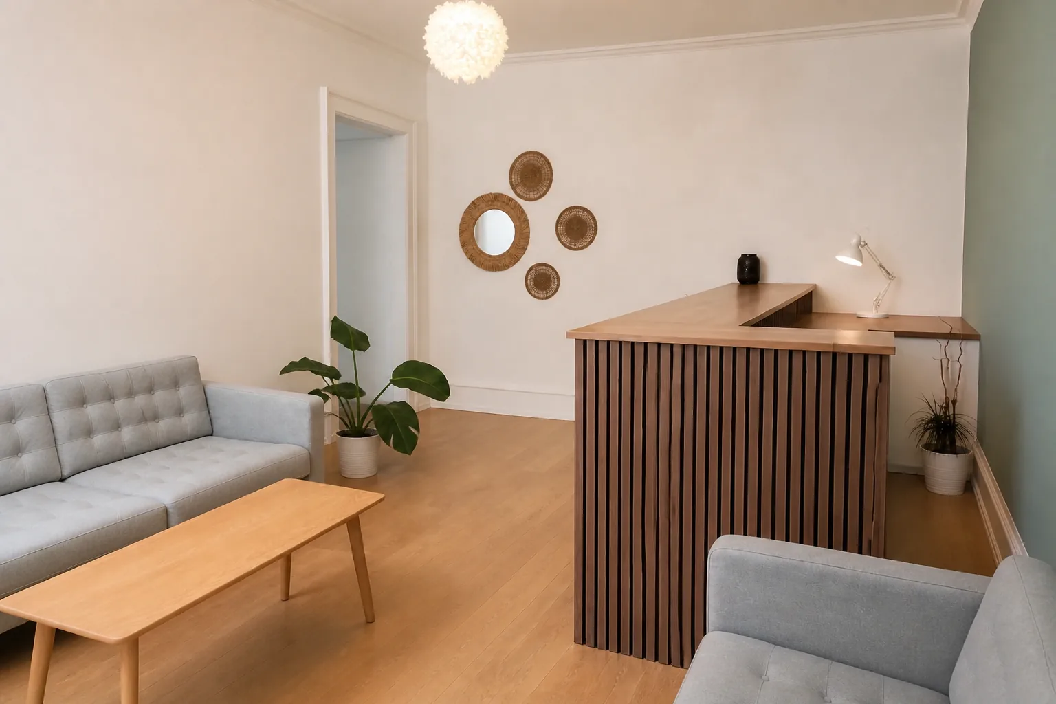 Premier Fertility Clinic's reception desk with an oak-slat front, seen across the grey sofa, oak coffee table, and woven wall decor