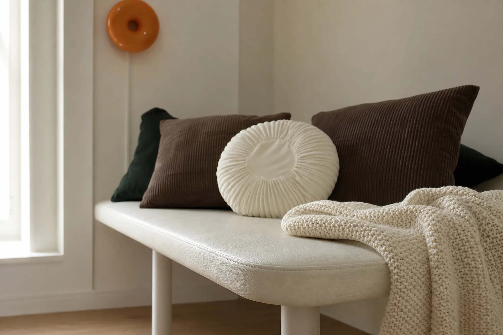 Close-up of the treatment bed's soft cushions and knitted throw, with the orange wall lamp softly out of focus