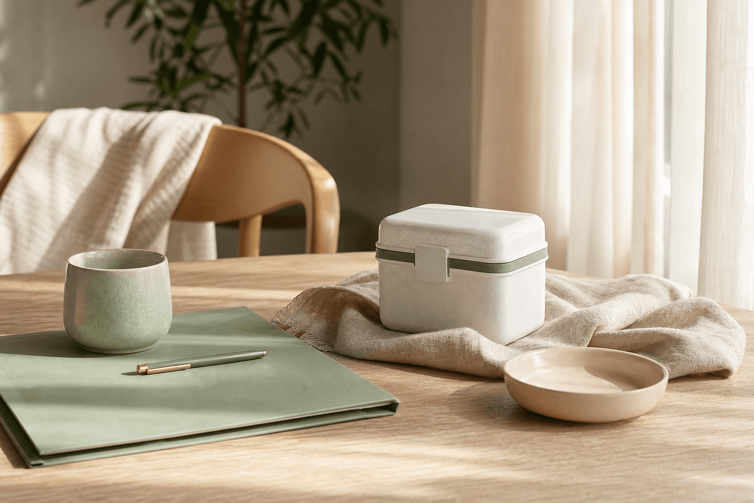 A sage folder, ceramic cup, linen, and discreet clinical transport case on a light oak table
